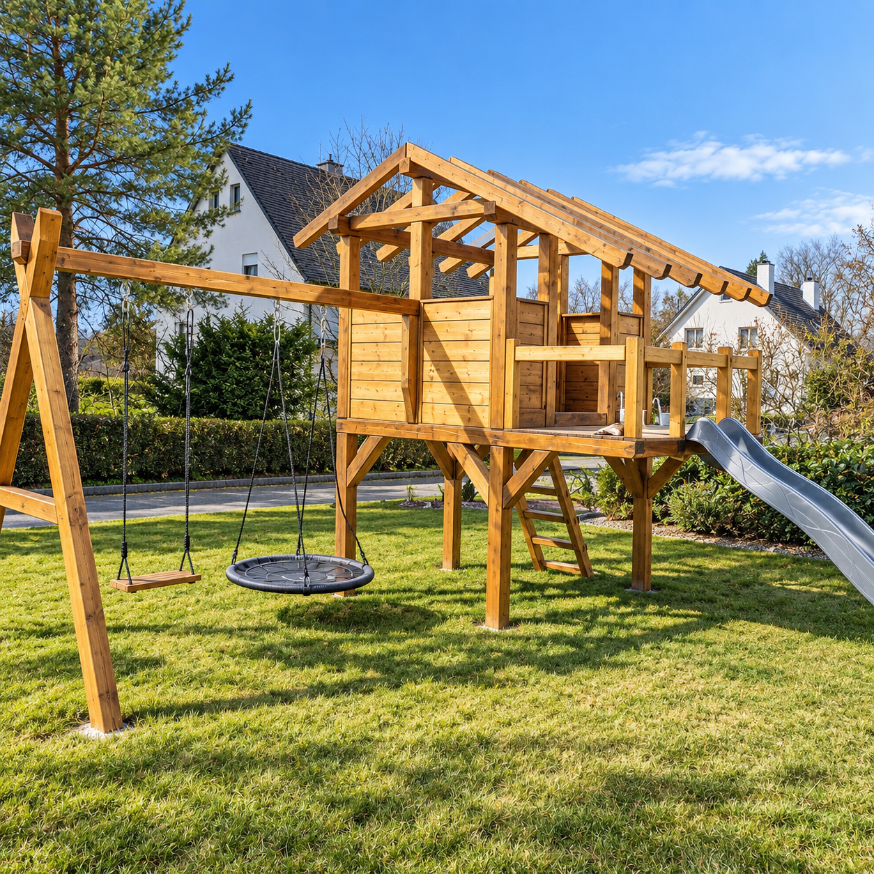 Spielhaus aus massiver Holzkonstruktion vom Zimmerer